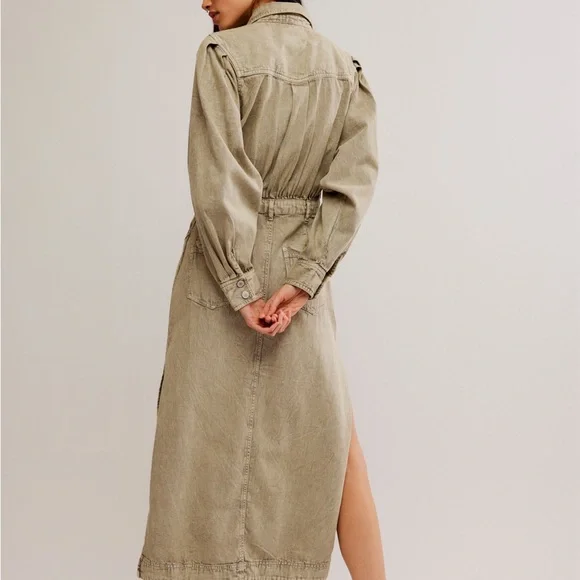 Free People Sage Denim Midi Dress Light Khaki Long Sleeve